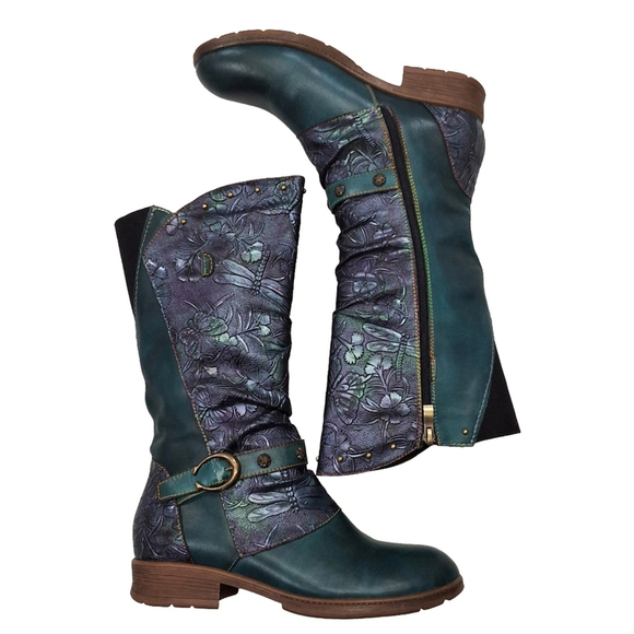 Queen Boho Shoes - NWOT Leather Cowgirl Embossed Calf Boot~Peacock Green~Dragonfly~Whimsical~8.5